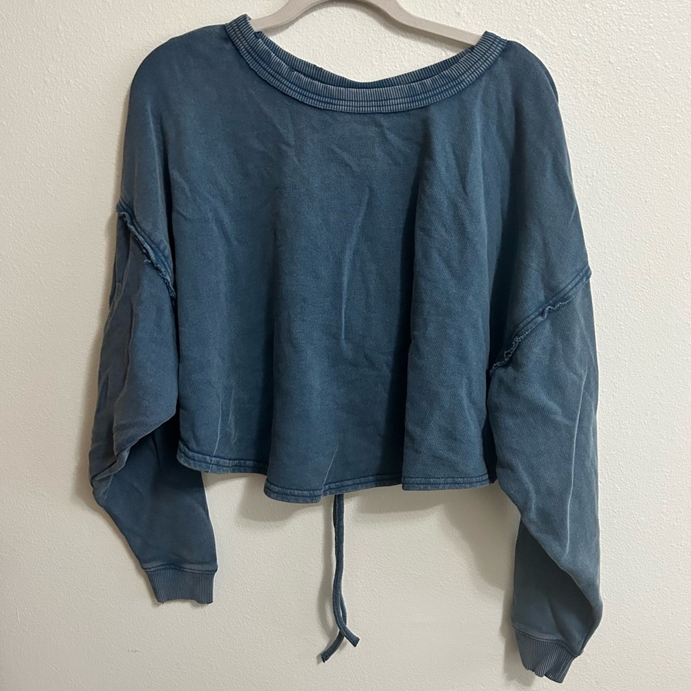 Free People Washed Blue Cropped Drawstring Sweatshirt